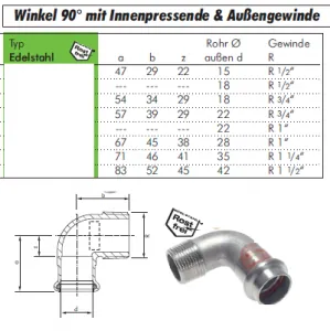 Winkel 90° mit Innenpressende & Außengewinde Edelstahl, Pressfittings, Verbinder Winkel 90° mit Innenpressende & Außengewinde Edelstahl, Pressfittings, Verbinder